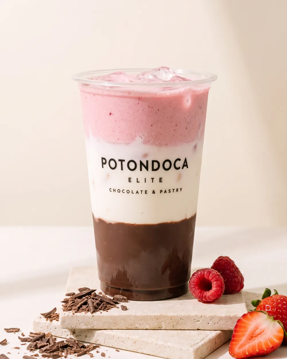 Cloud Choco Berry — tiga lapis cokelat pekat, krim putih, dan foam berry pink