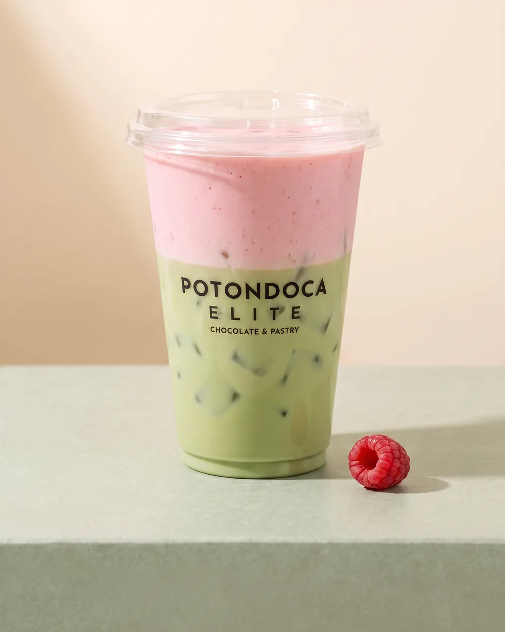 Pink Matcha Latte — lapisan pink strawberry di atas matcha susu hijau